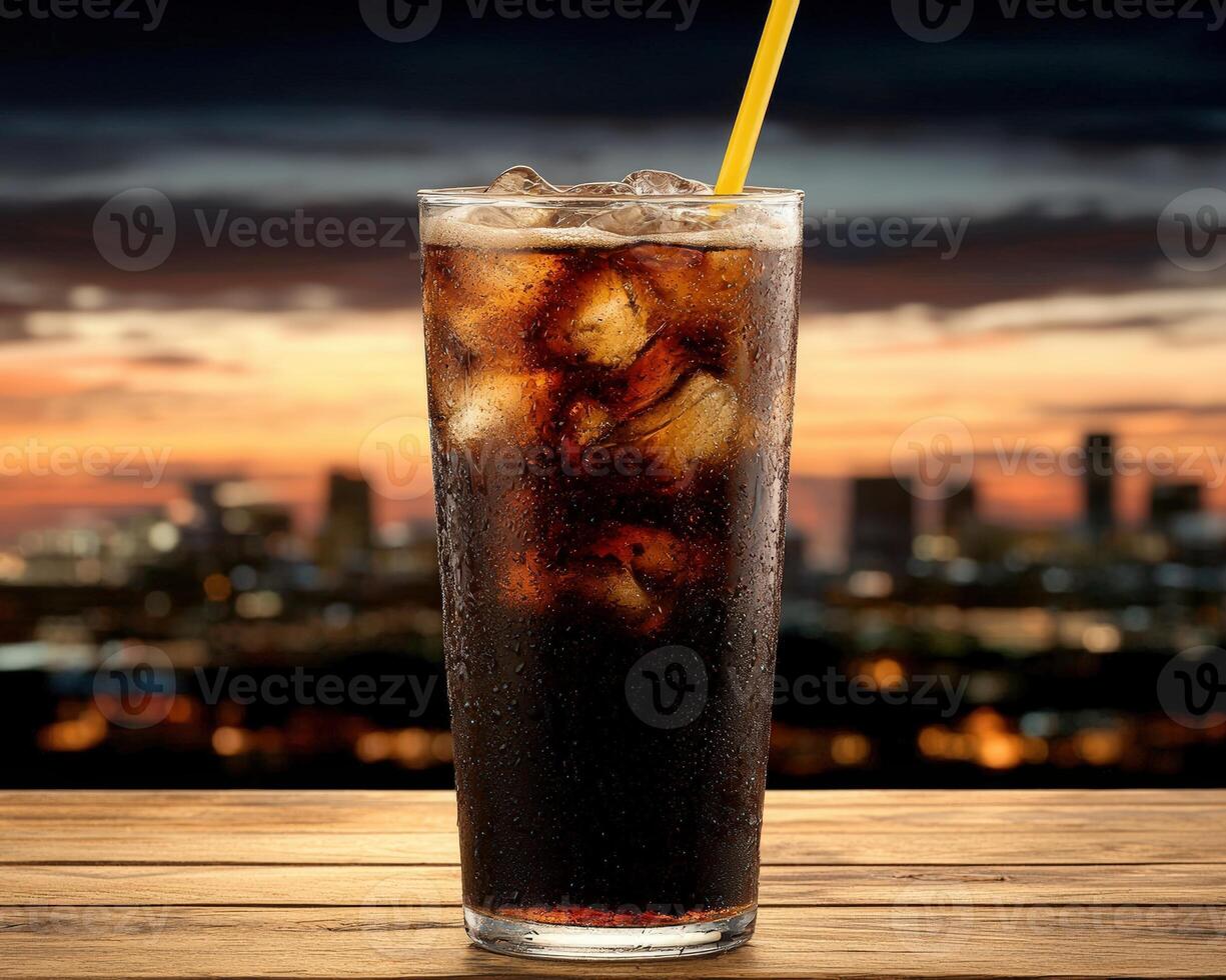 Refreshing cola drink with ice and straw at sunset photo