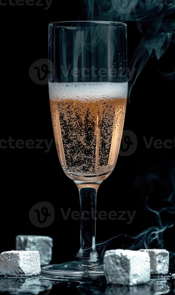 Elegant champagne flute with bubbles and dry ice effect photo