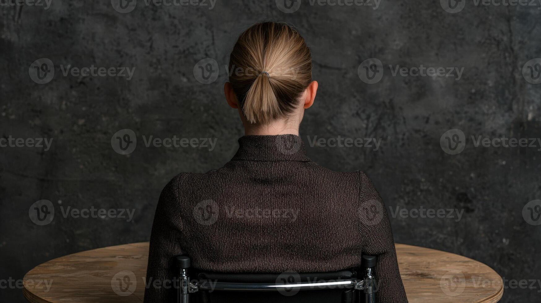 Woman with blonde hair in ponytail sitting at table photo