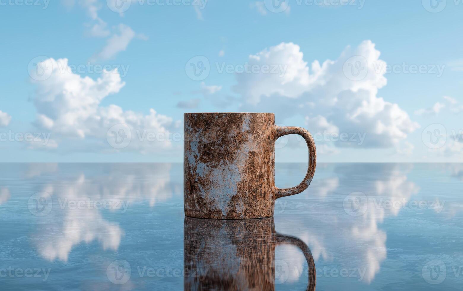 Rustic mug sits on reflective water under a cloudy sky photo