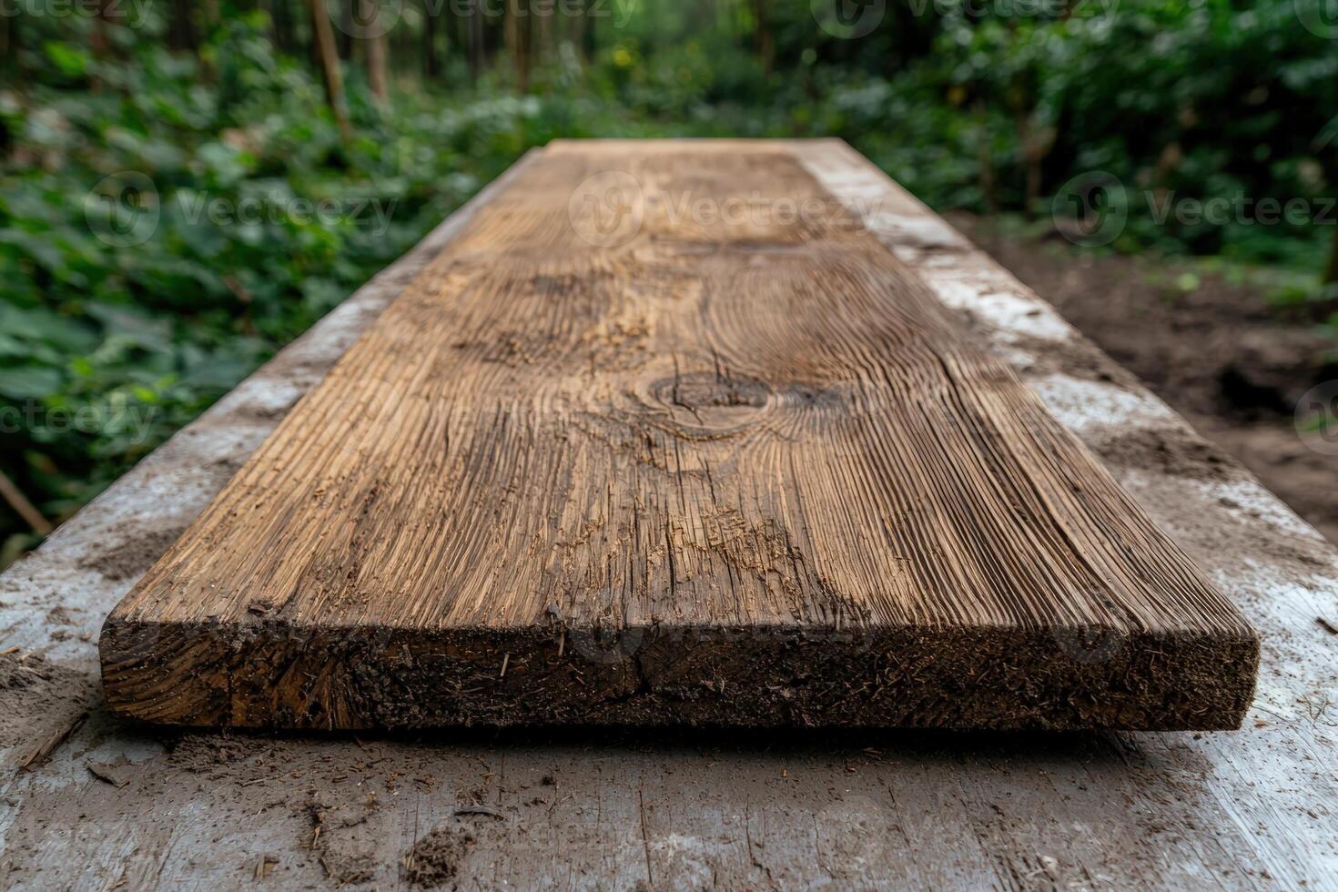 Rustic wooden board with a knot in a forest photo