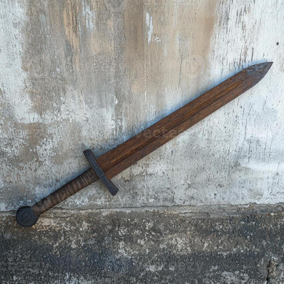 Weathered medieval sword resting against a concrete wall photo
