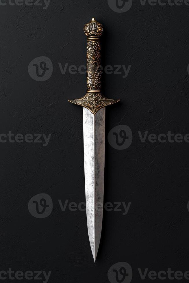 Ornate dagger with golden hilt against a dark background photo