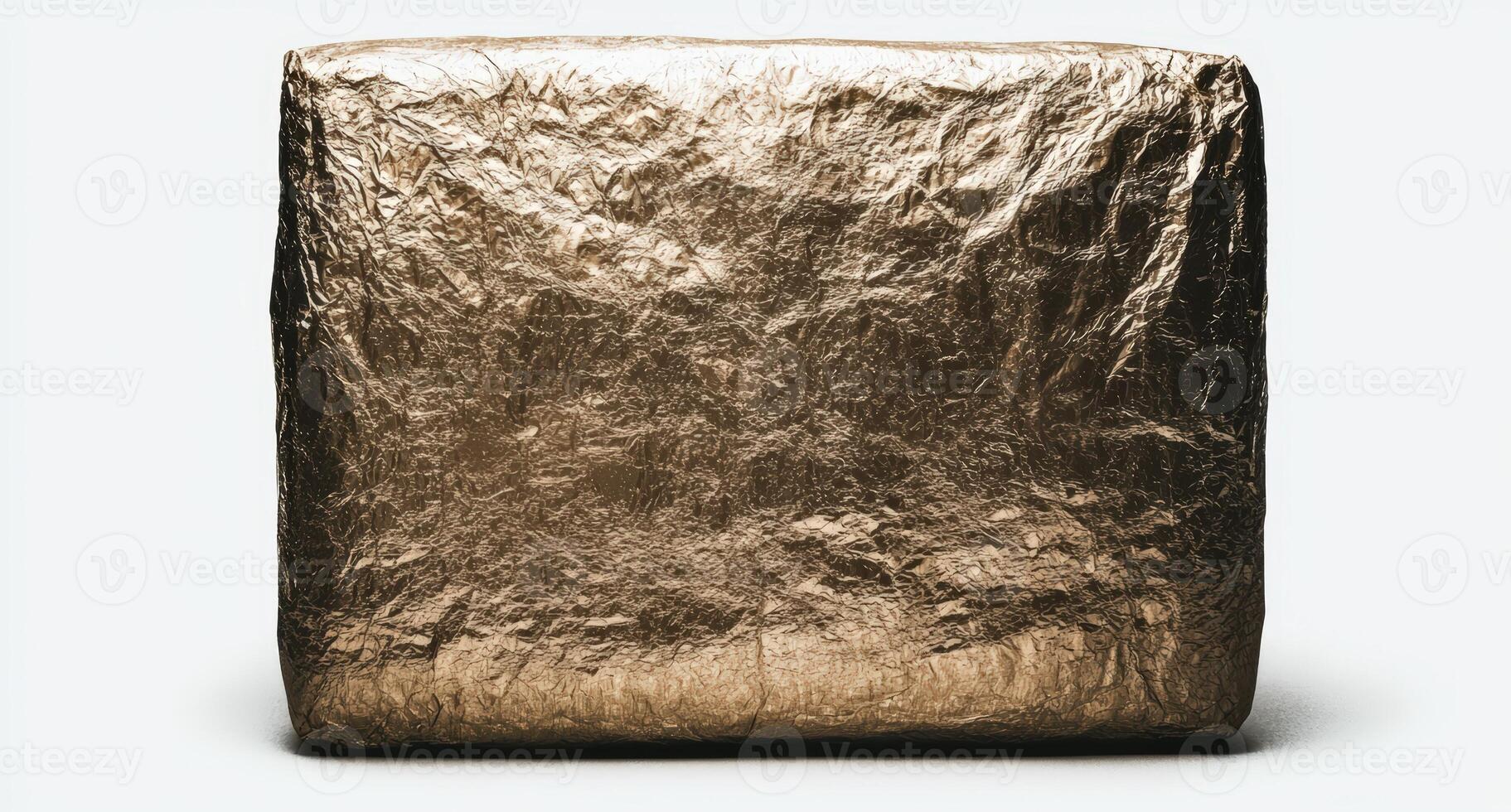 Textured cube wrapped in golden foil, abstract background photo