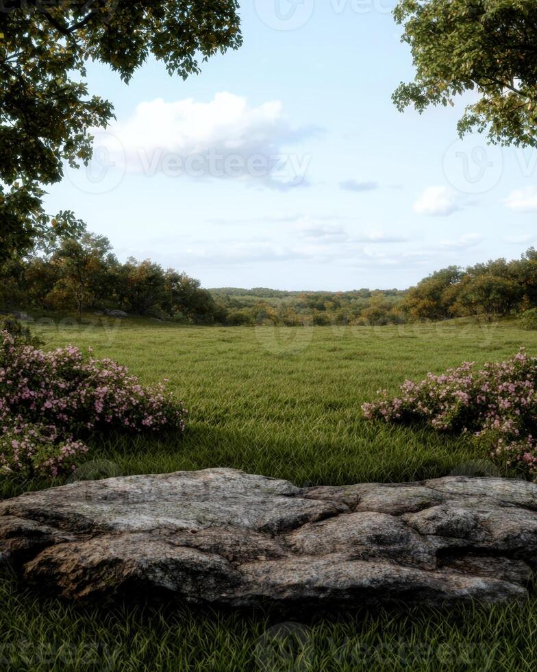 Lush green meadow with wildflowers and stone foreground photo