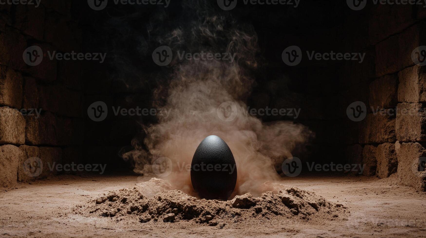 Mysterious dark egg surrounded by smoke in a cavern photo