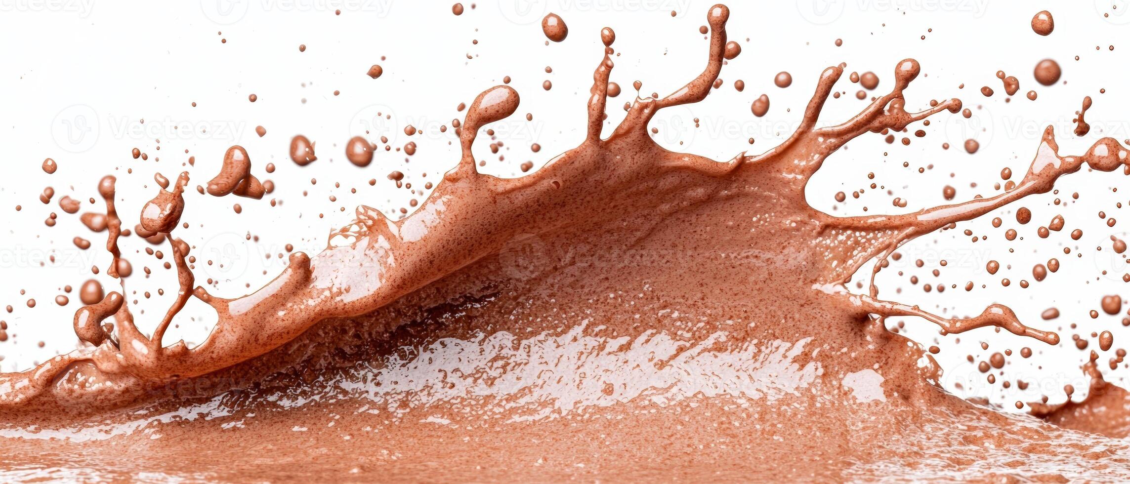 Chocolate splash with droplets on white background, delicious dessert photo