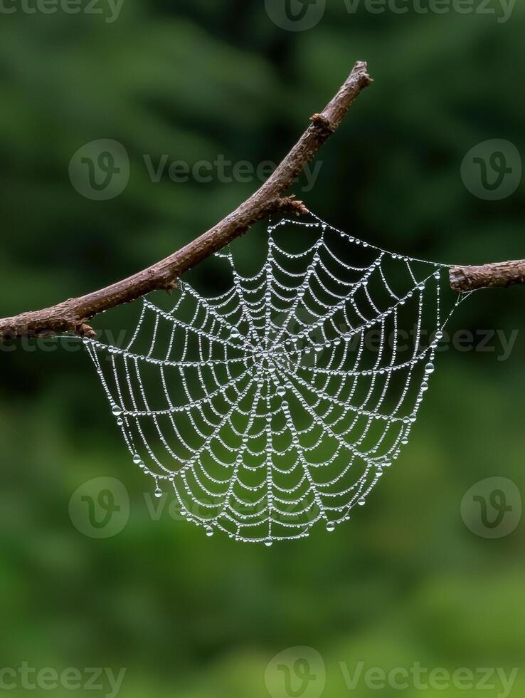 Dew covered spiderweb glistens on a branch in nature photo