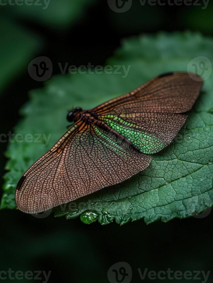Damselfly rests on a vibrant green leaf with water droplet photo