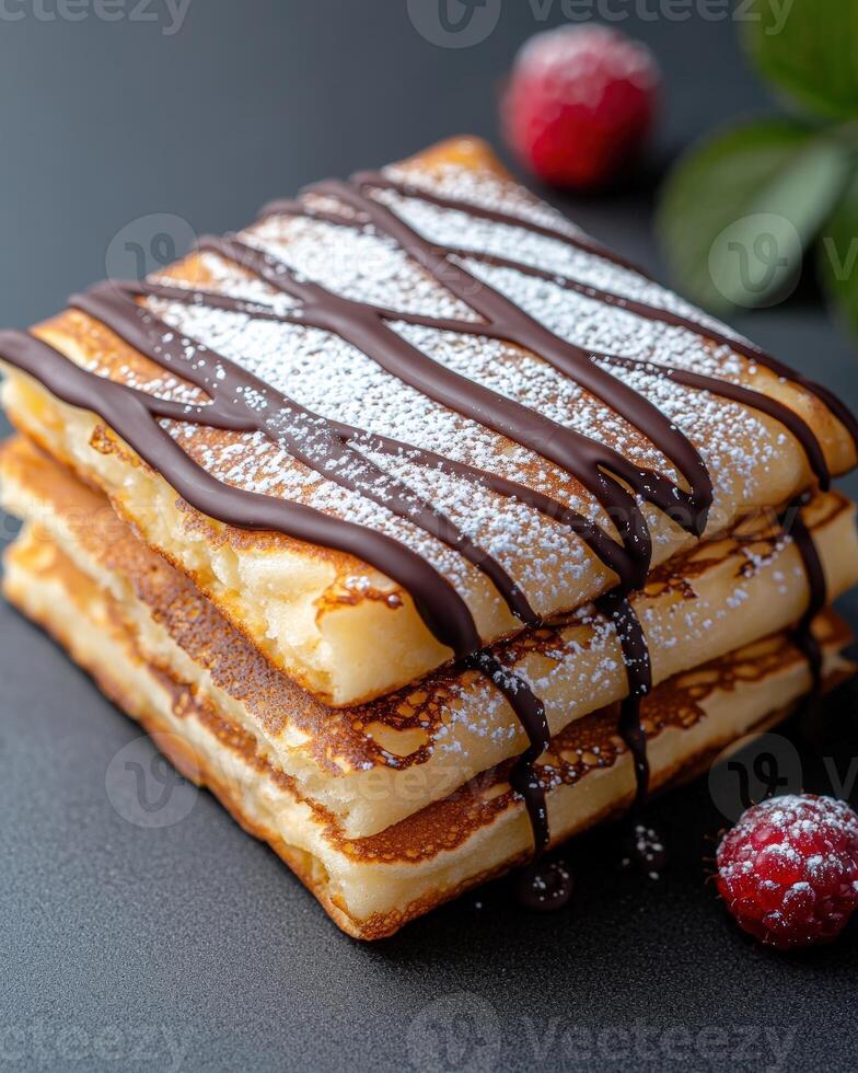 Delicious stack of square pancakes with chocolate and raspberries photo