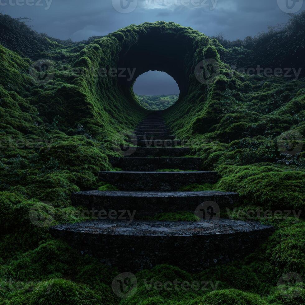 Moss covered stone steps lead to a mysterious tunnel photo