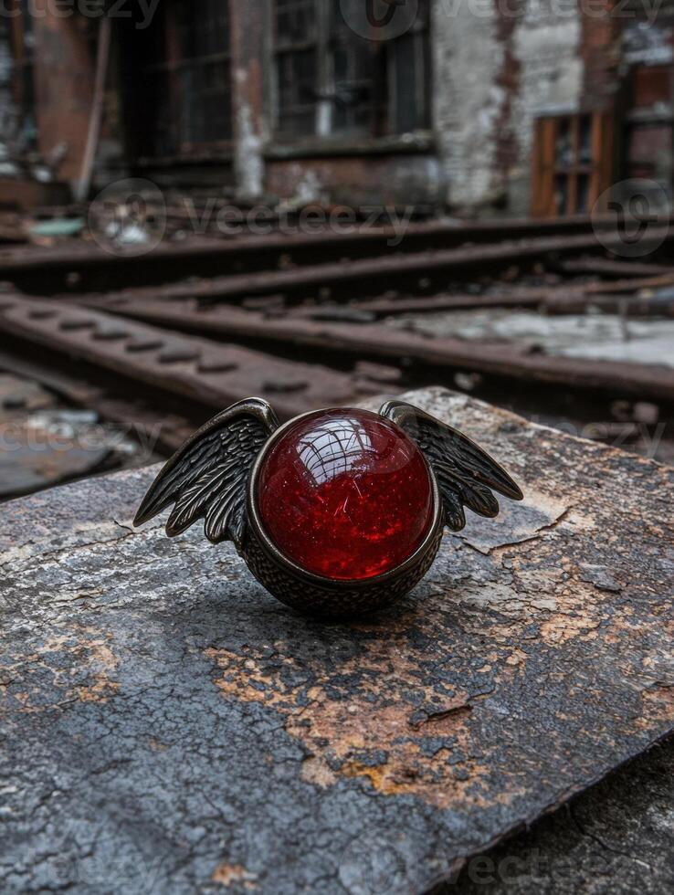 Winged red orb rests on cracked stone surface photo