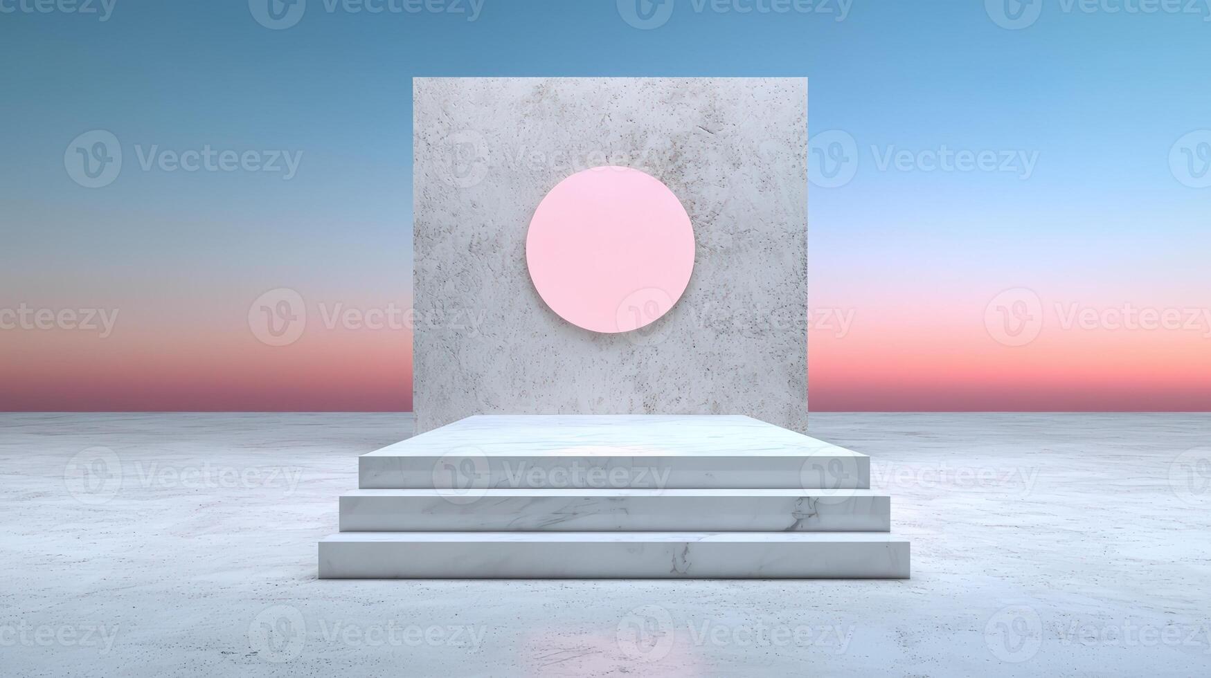 Minimalist podium with pink circle against a gradient sky photo