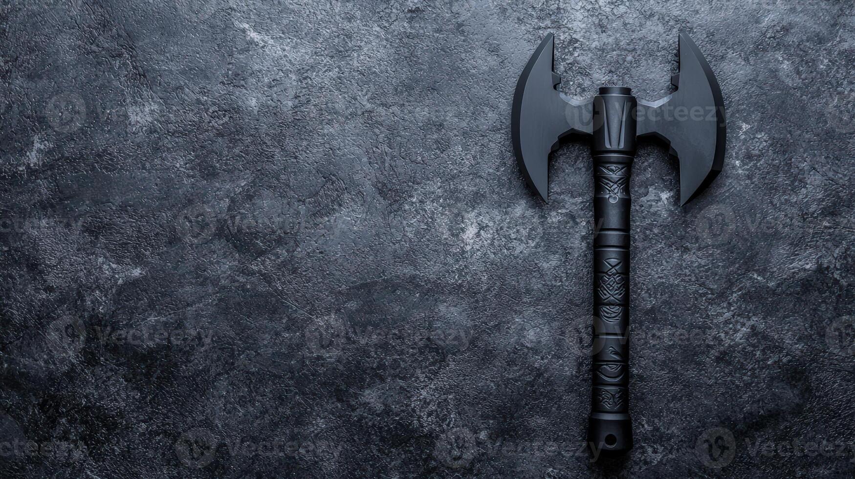 Dark battle axe on a textured gray background photo