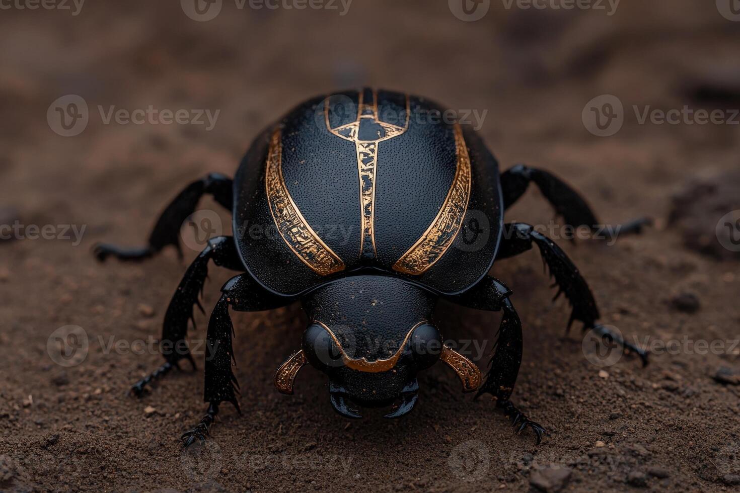 Ornate scarab beetle with golden markings on dark background photo