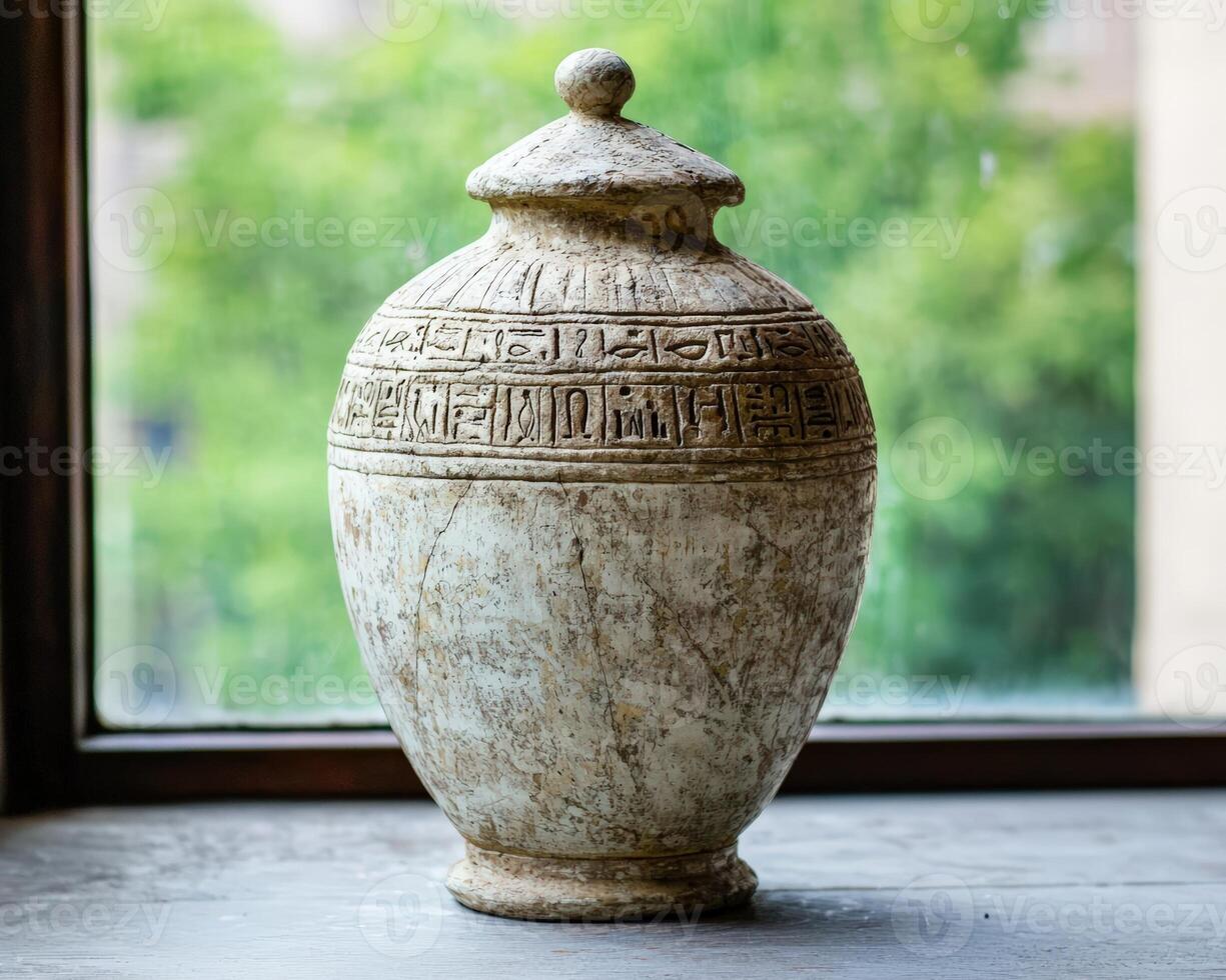Ancient Egyptian canopic jar with hieroglyphs against blurred background photo