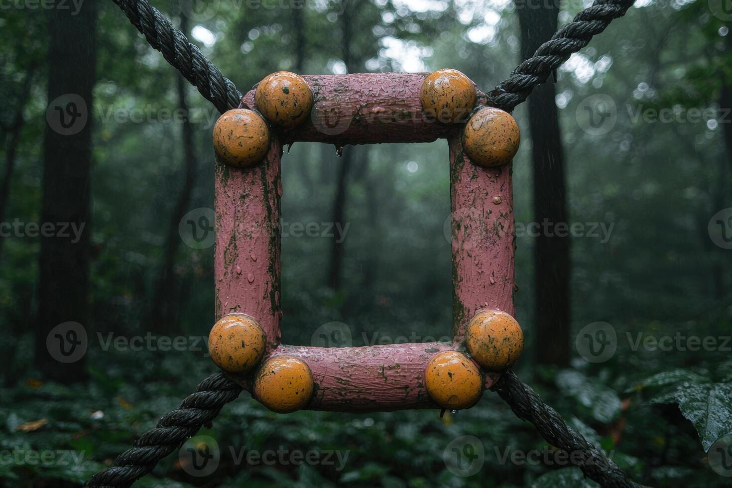 Wooden square frame with orange spheres in misty forest photo