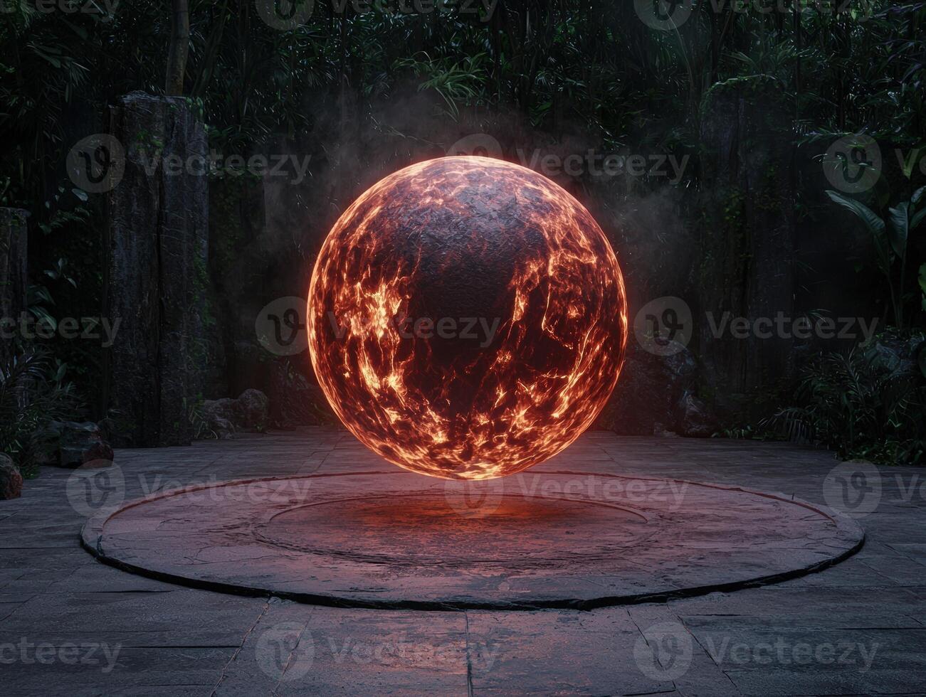 Mystical glowing orb levitates above stone platform in jungle photo