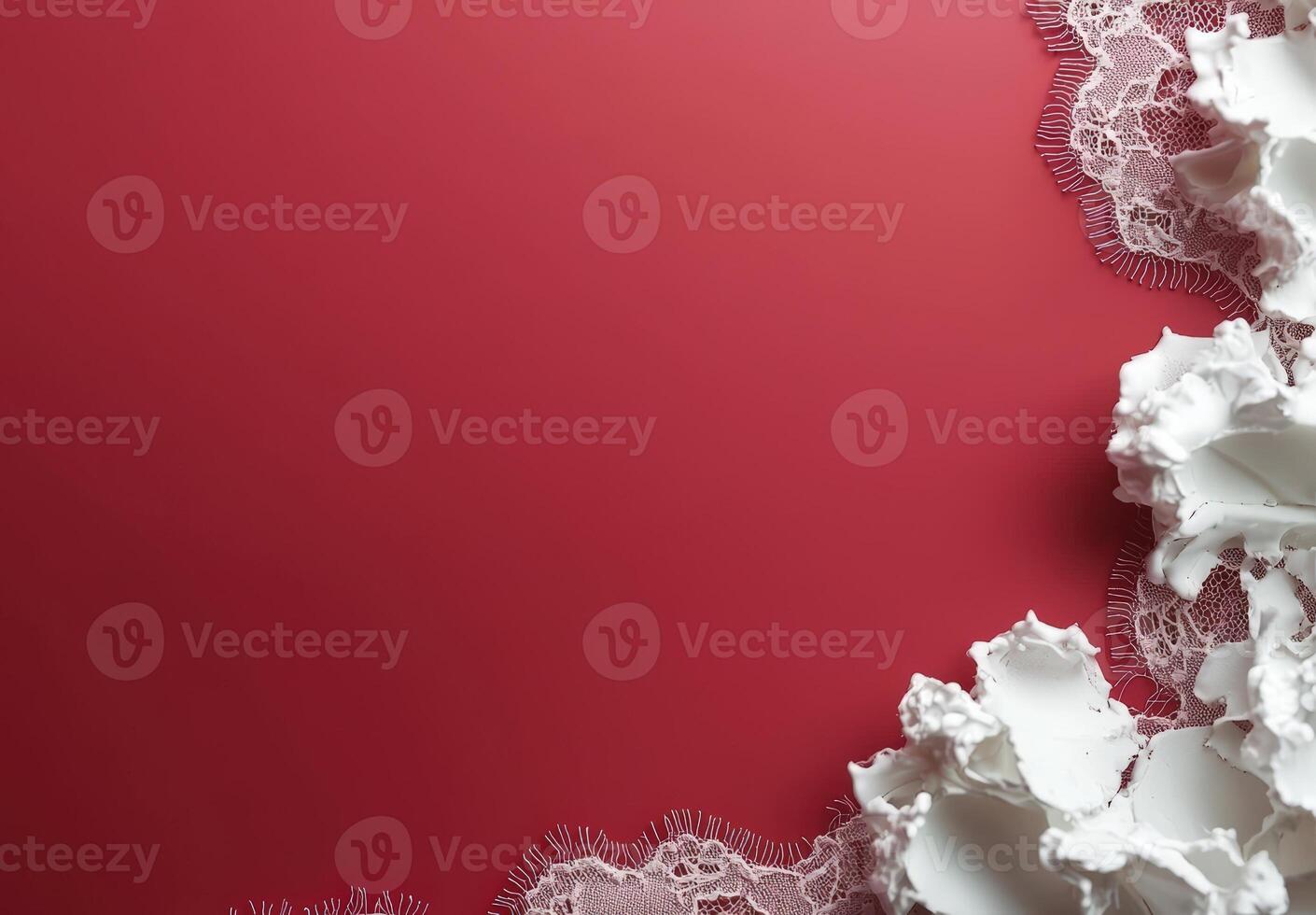 Elegant red background with delicate white lace and flowers photo
