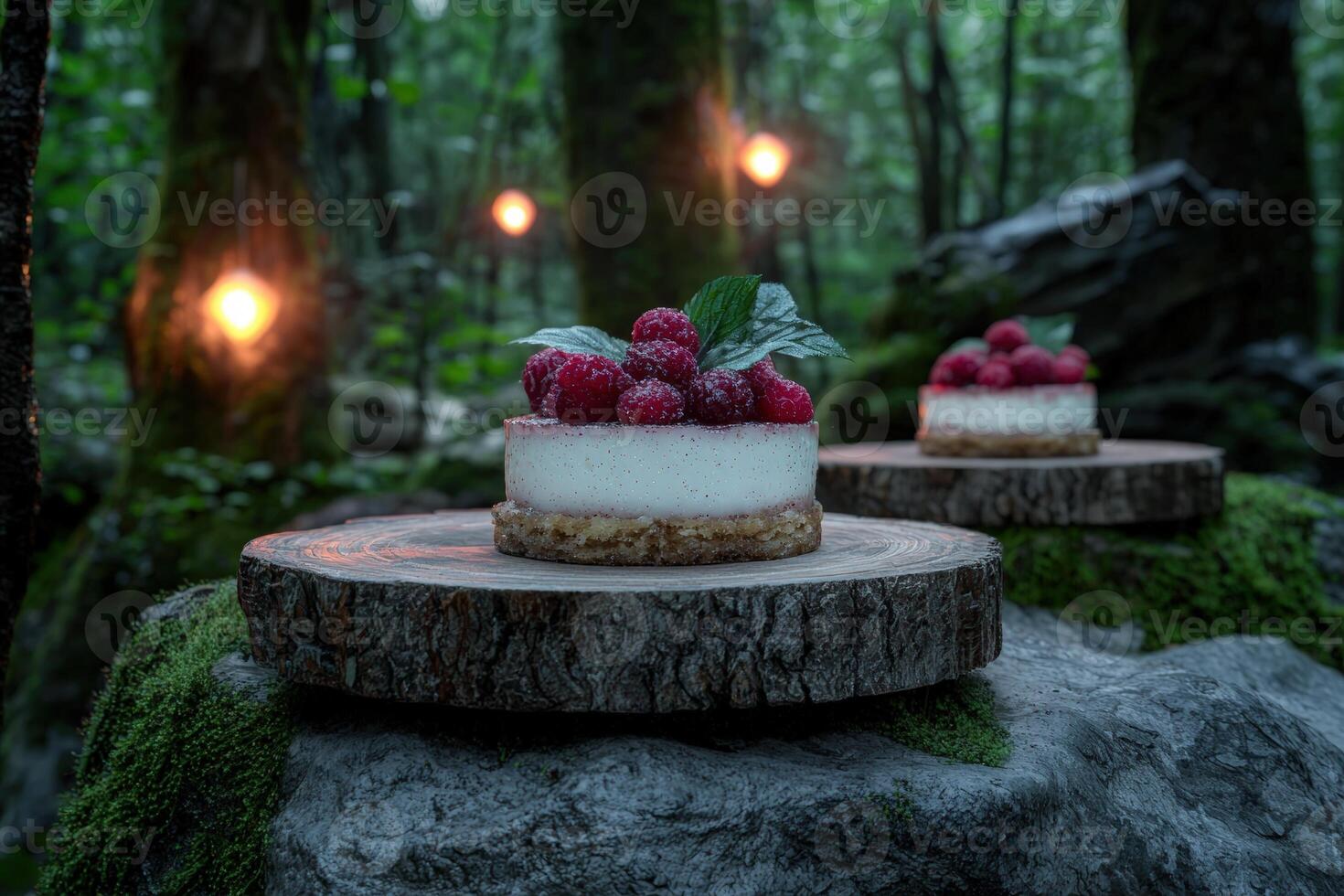 Whimsical raspberry cheesecakes on wooden stands in enchanted forest photo