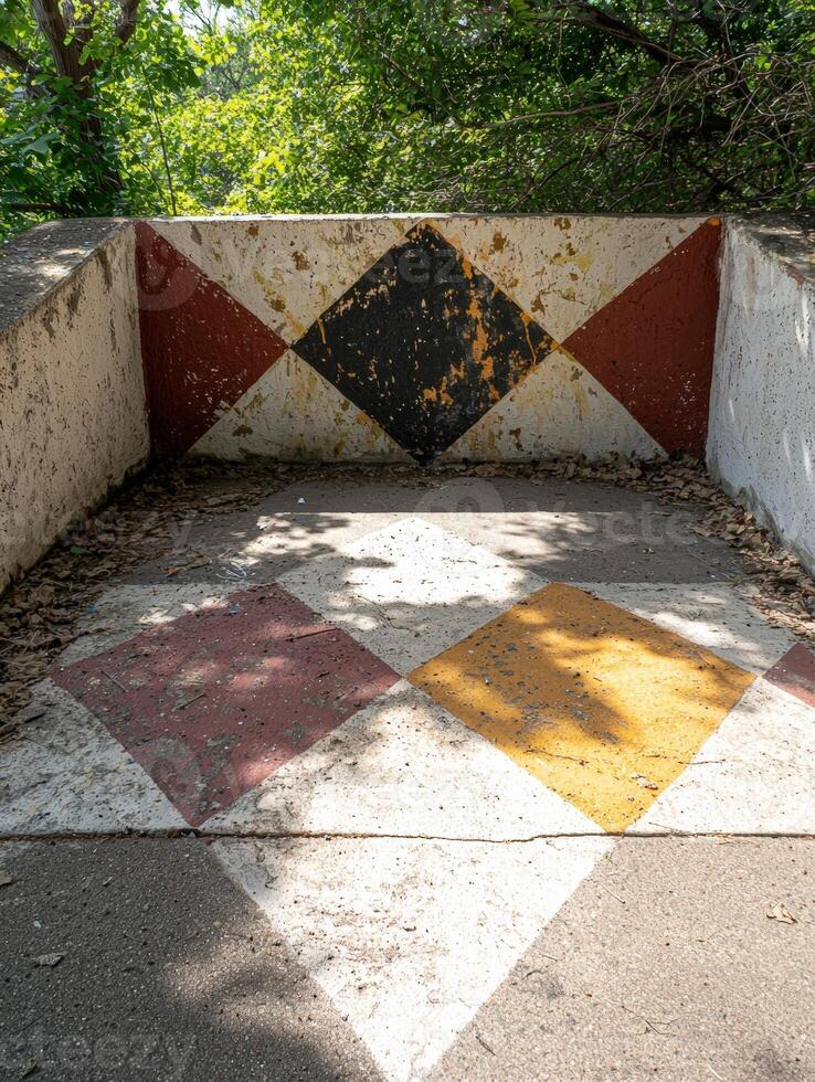Weathered diamond pattern on a concrete structure outdoors photo