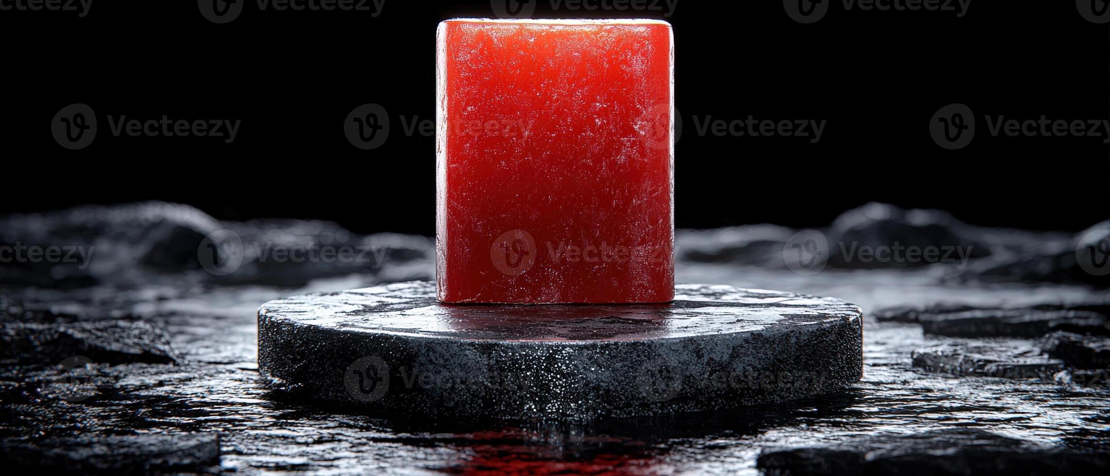 Abstract red block on a dark, wet stone surface photo