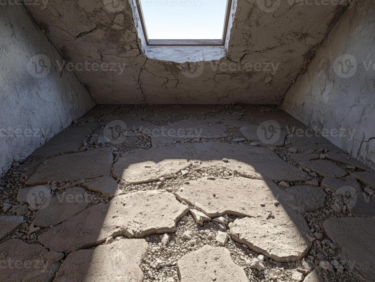 Cracked concrete room with sunlight shining through opening photo