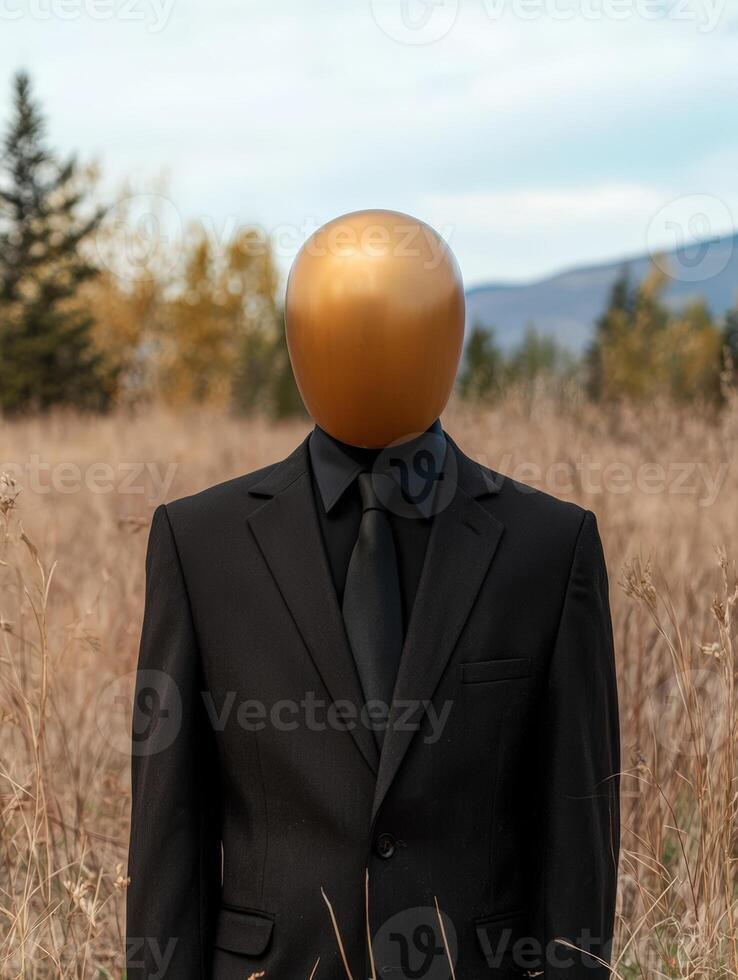 Faceless figure in black suit stands in golden field photo