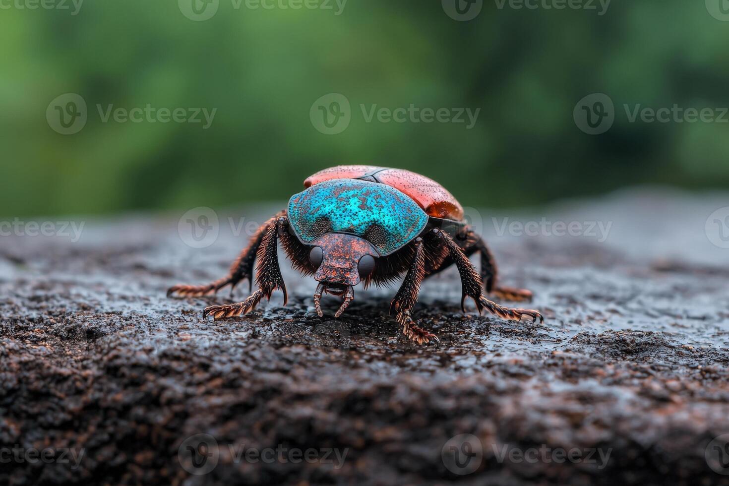 Vibrant scarab beetle crawls across textured surface photo