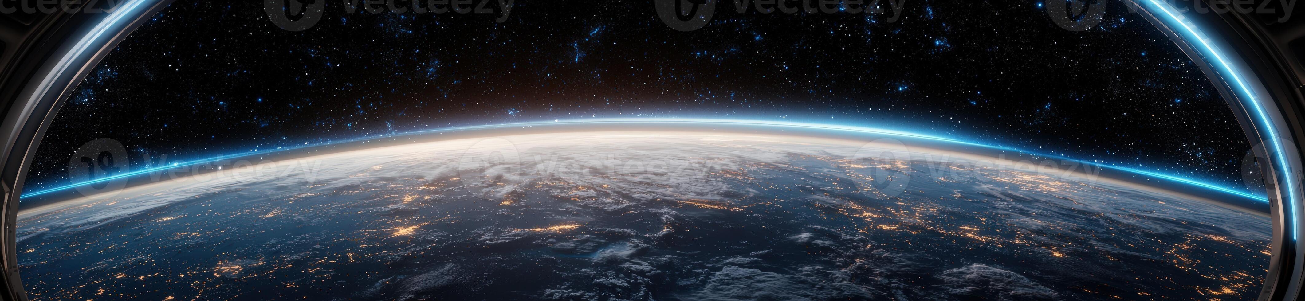 Earth view from space with city lights at night photo