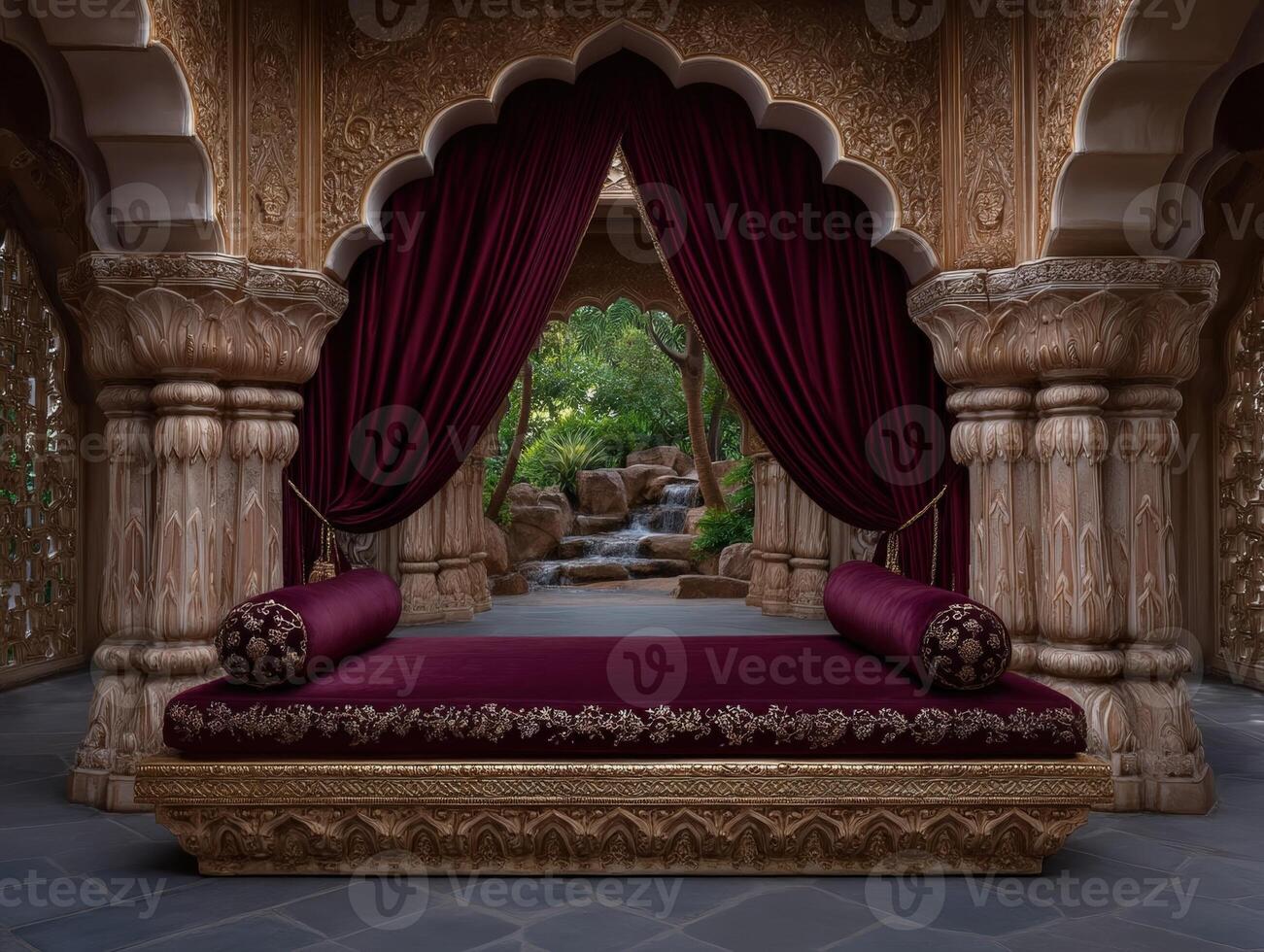 Opulent interior with a daybed and waterfall view photo