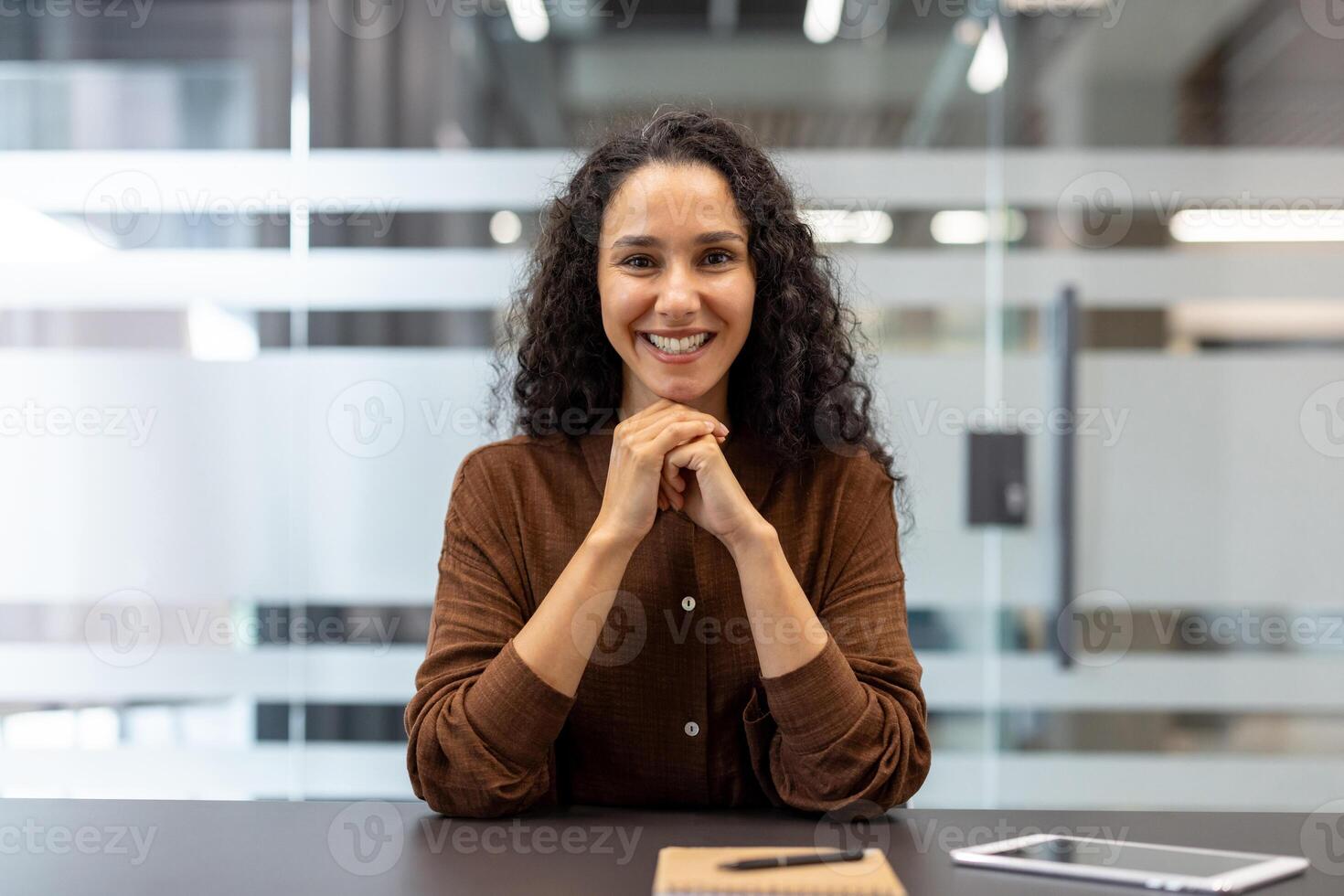 Webcam view, online presentation seminar meeting, young successful woman looking at camera while sitting at desk inside office. Conference with partners and clients businesswoman smiling. photo