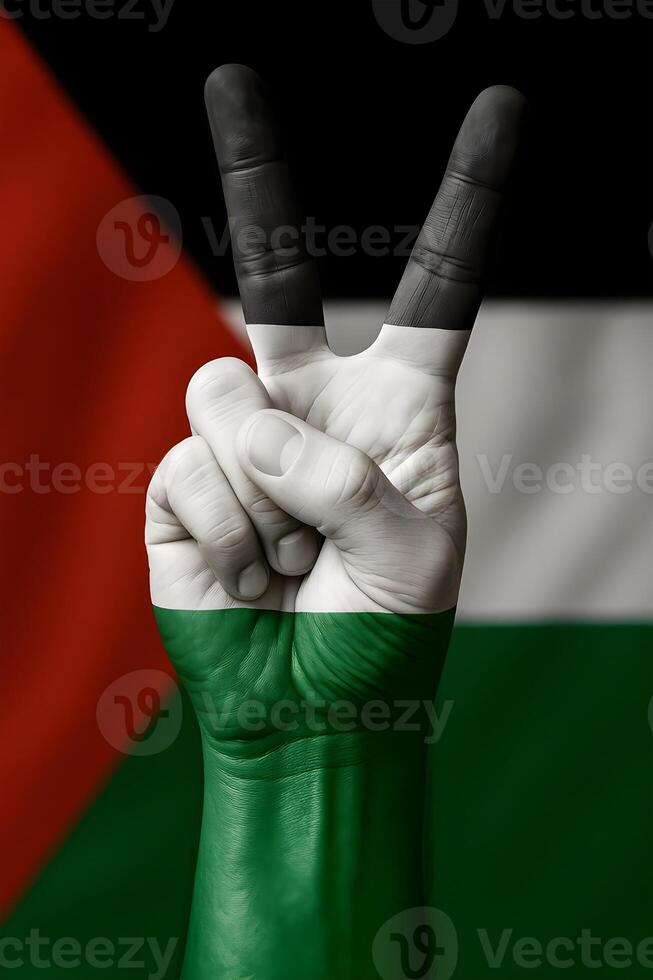 Hand Making Victory Sign with Palestinian Flag Symbol of Freedom and Resistance photo