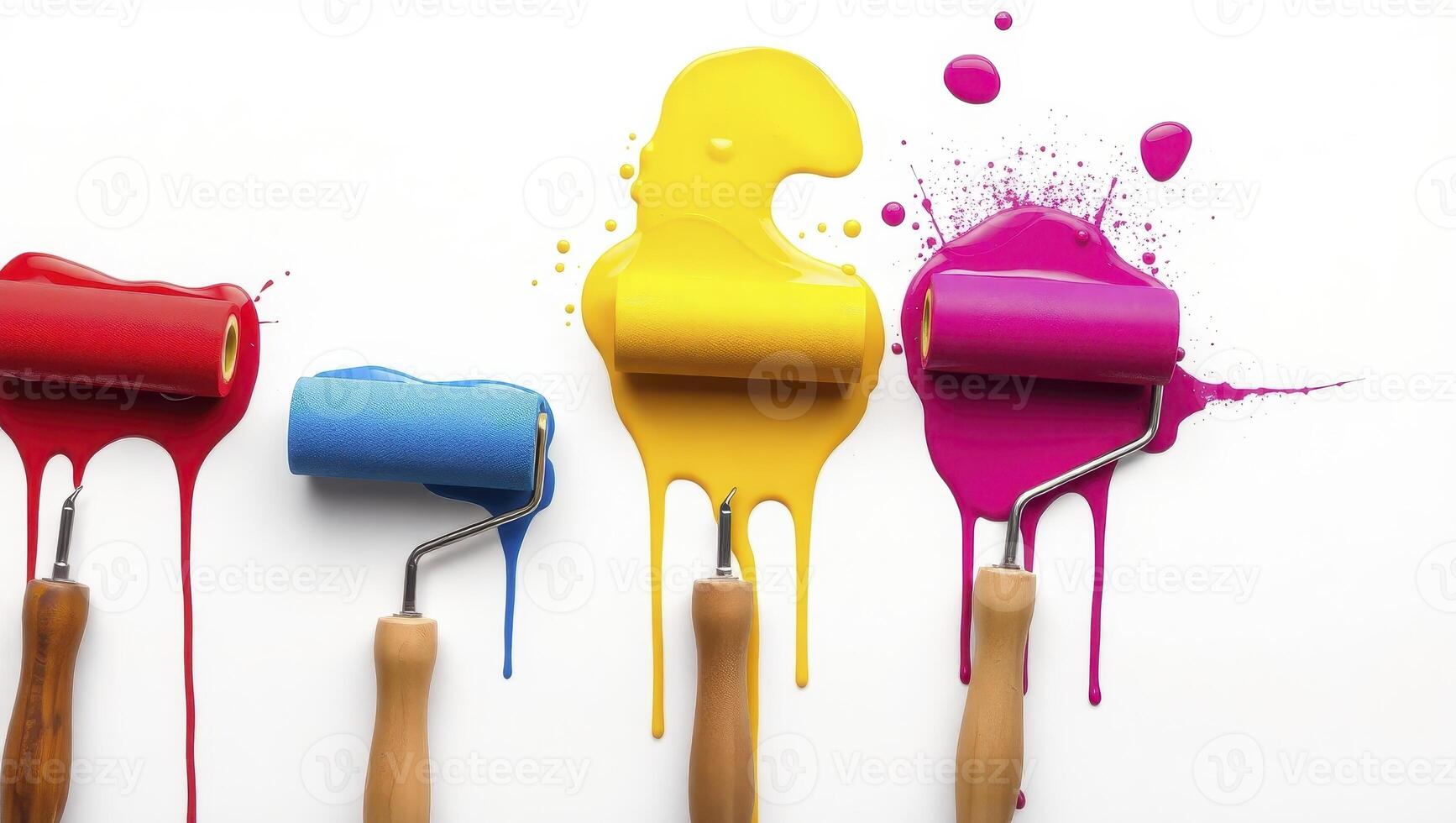 Four paint rollers with paint dripping from them photo