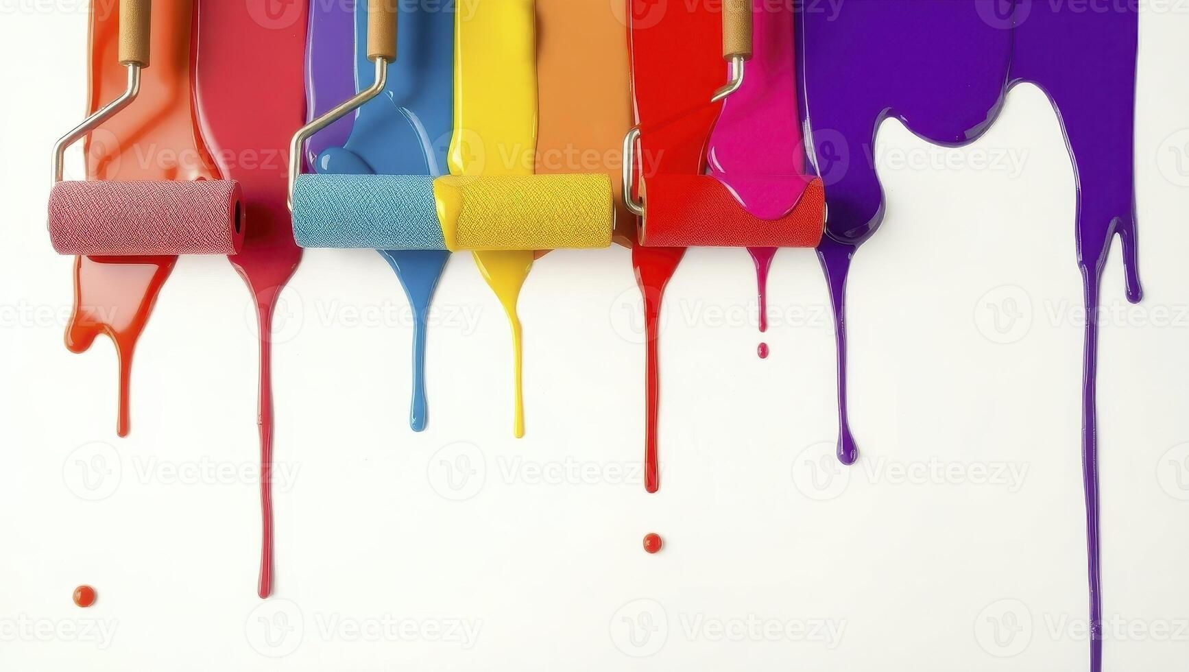 Colorful paint drips on white wall photo