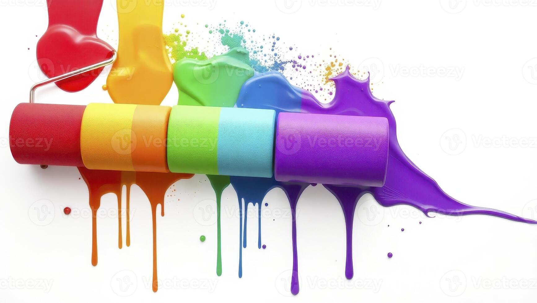 Rainbow Paint Roller with Dripping Colors on White Background photo