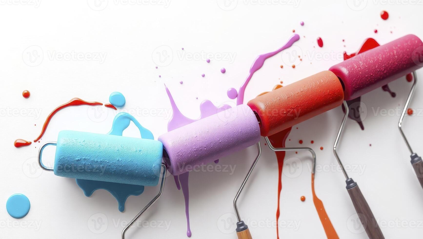 Colorful Paint Rollers with Splashes of Paint on White Background photo