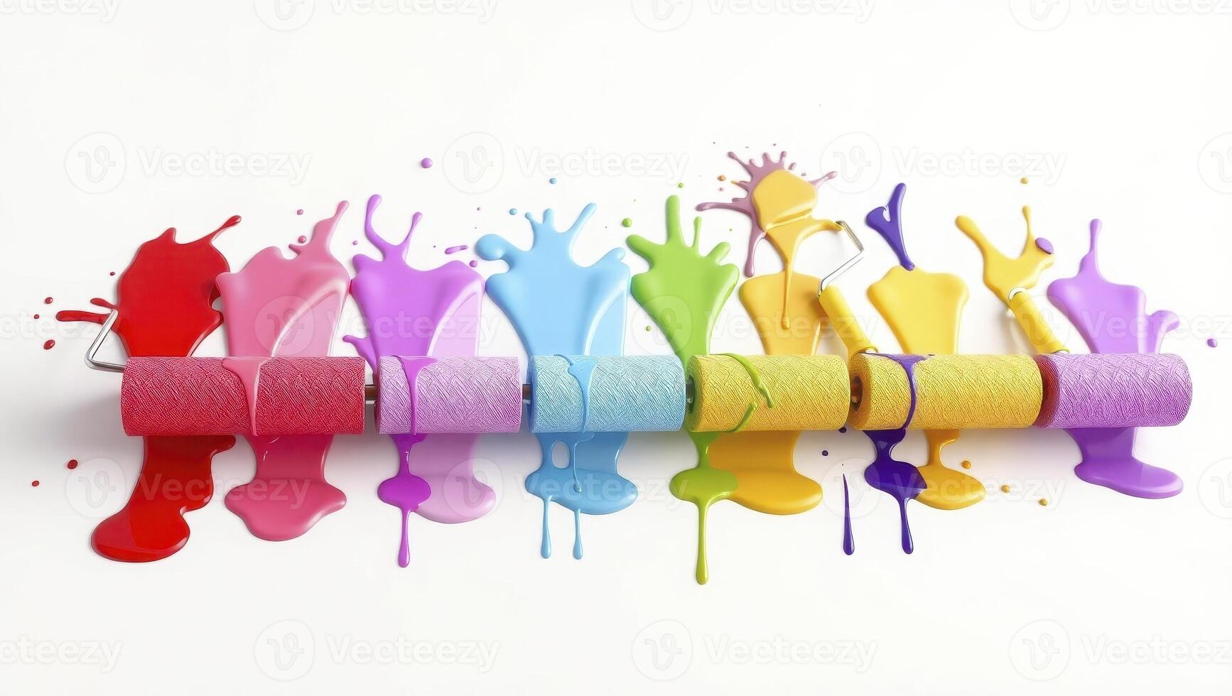 Colorful Paint Rollers with Splashes on White Background photo