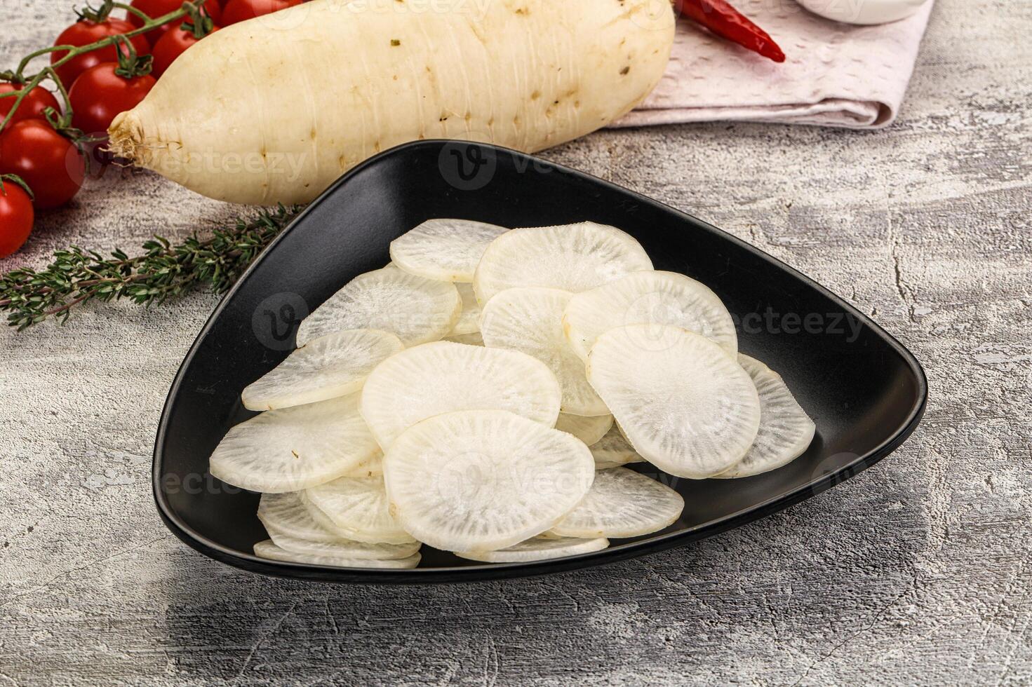 A bowl of sliced vegetables on a table next to a tomato photo