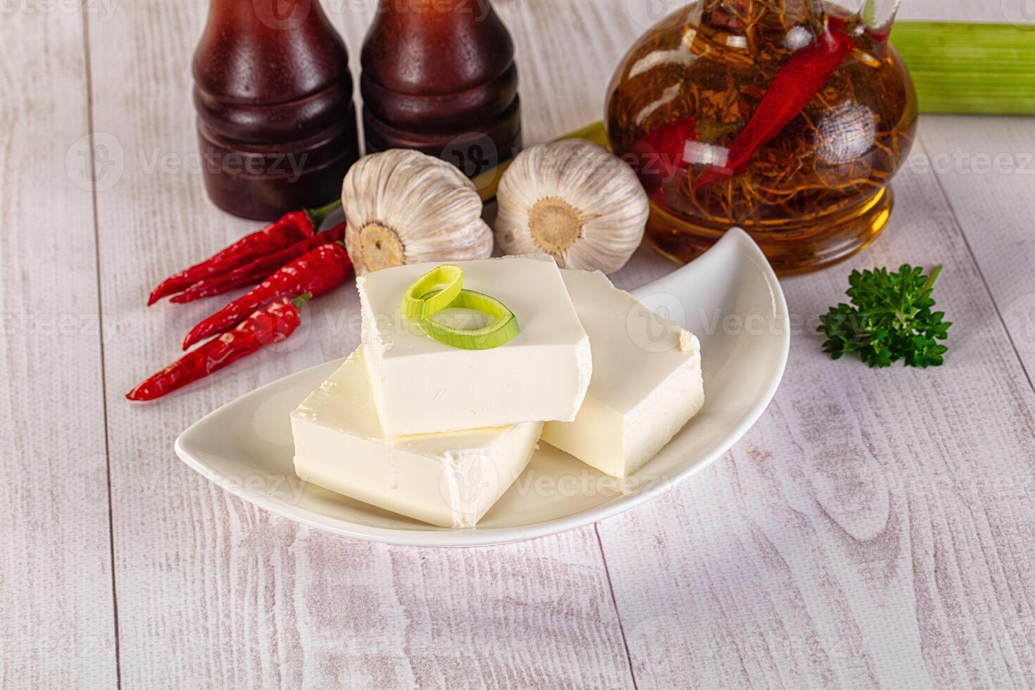 A bowl of tofu with a green onion on top photo