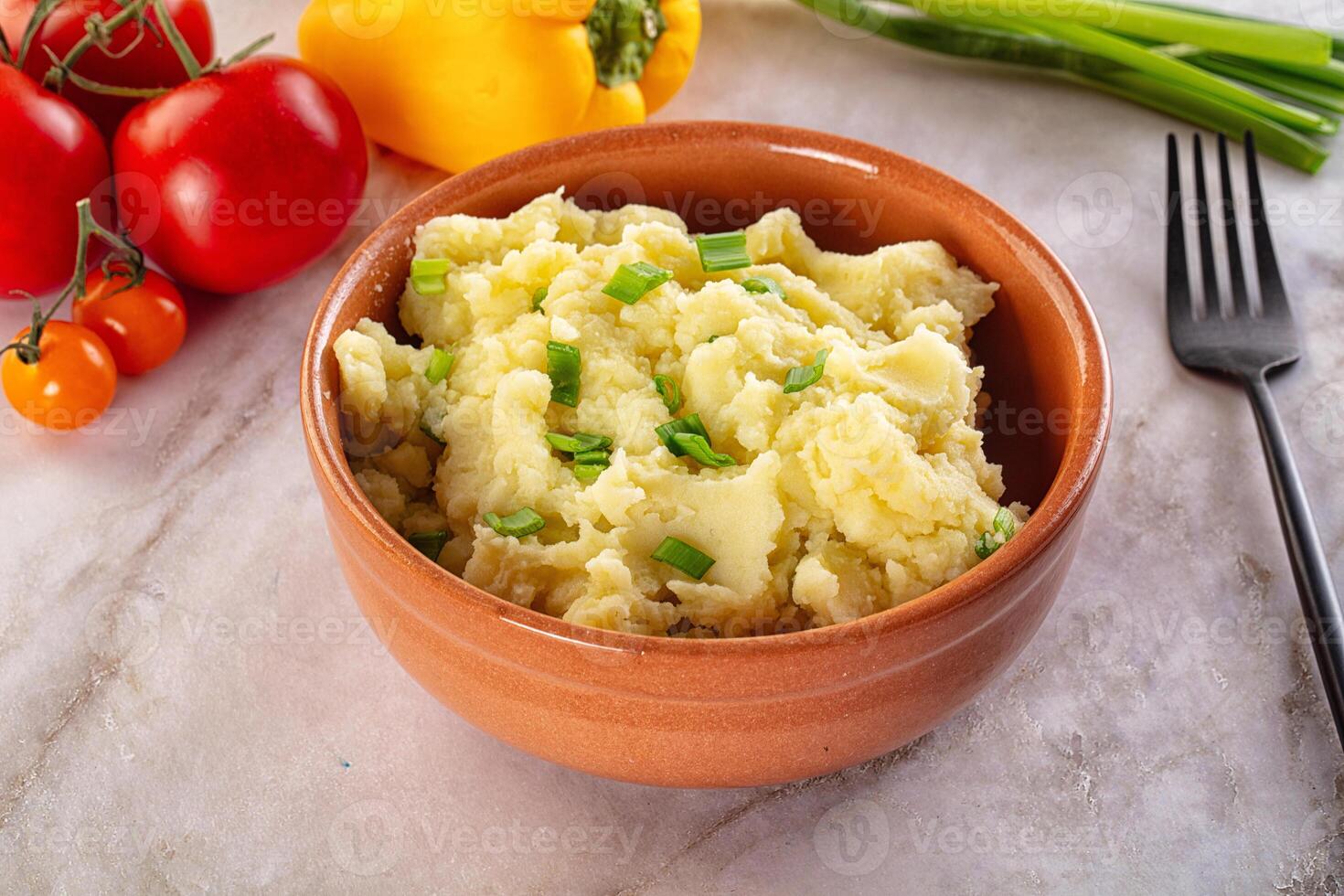 A bowl of mashed potatoes with green onions photo