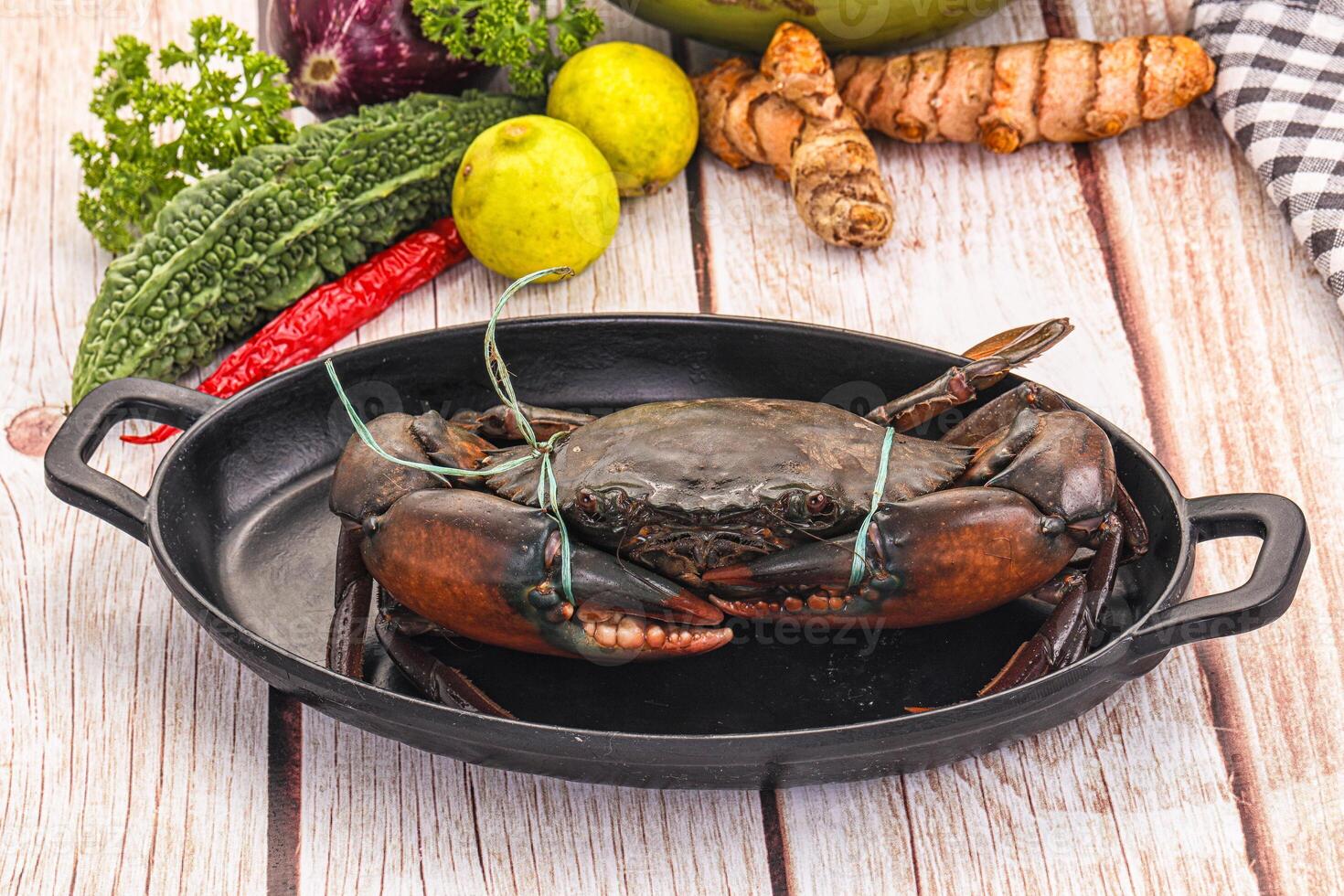 A crab in a pan with vegetables and herbs photo