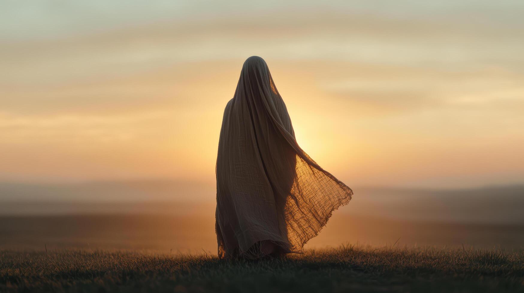 figure draped in cloak stands against stunning sunset, evoking sense of mystery and tranquility photo