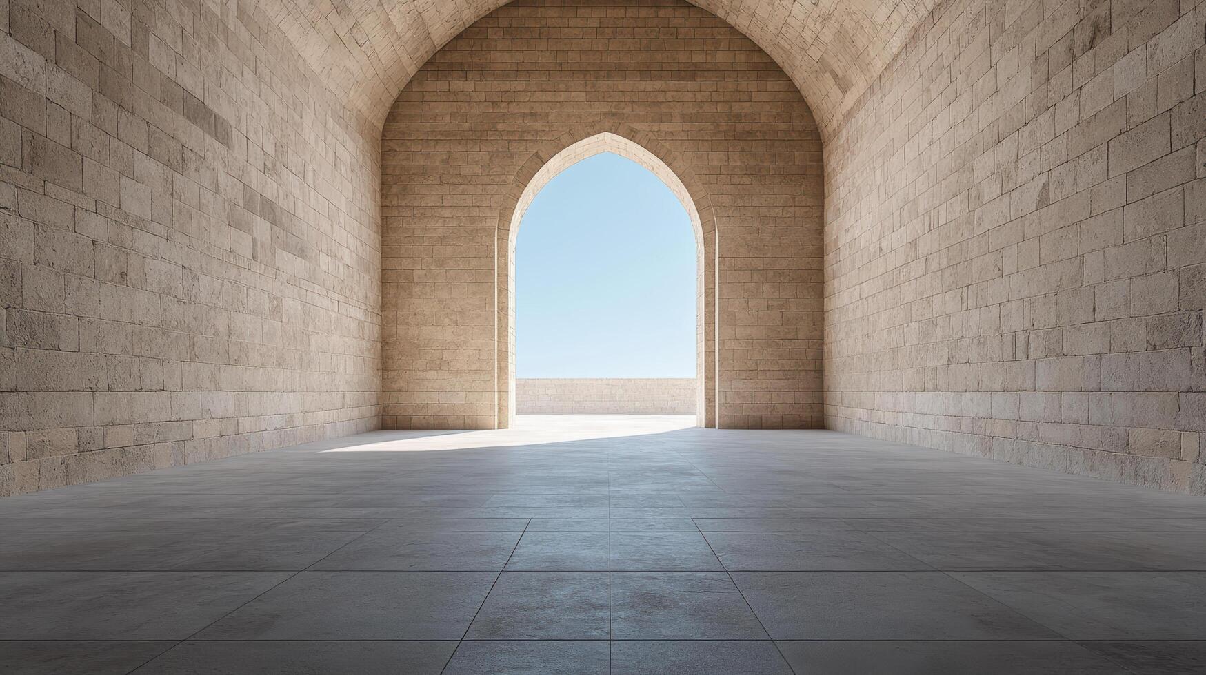 serene archway leads to bright outdoor space, showcasing elegant stone walls and clear sky photo