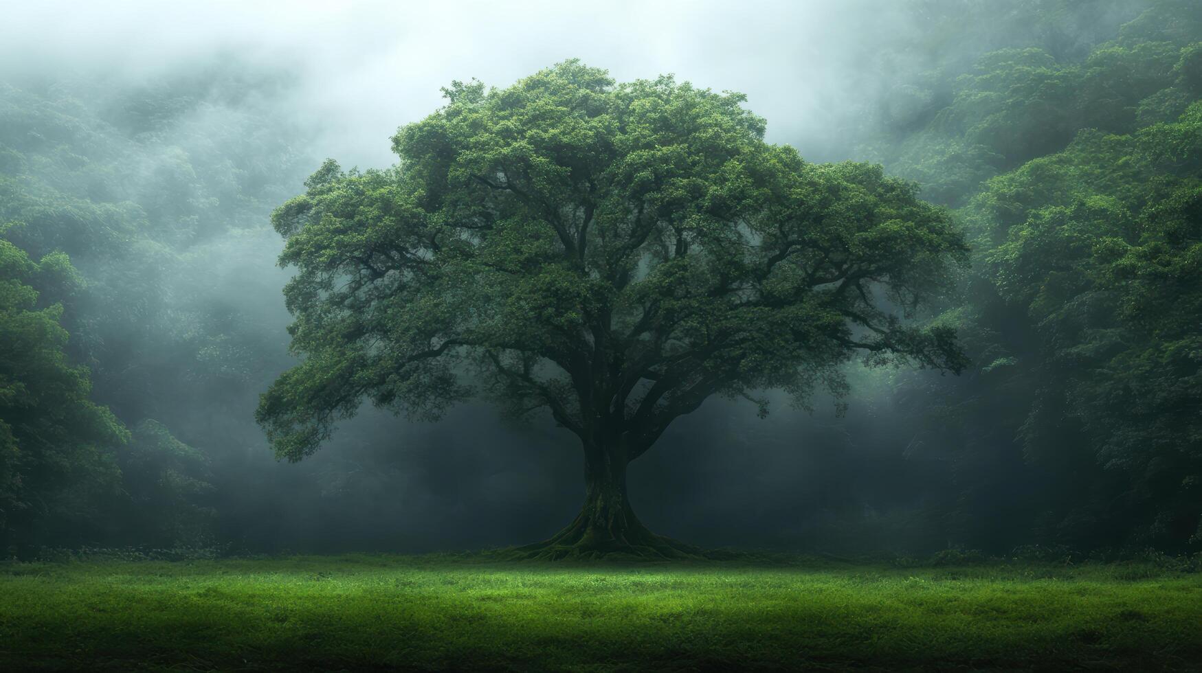 Majestic tree stands alone in misty forest, surrounded by lush greenery and tranquility photo