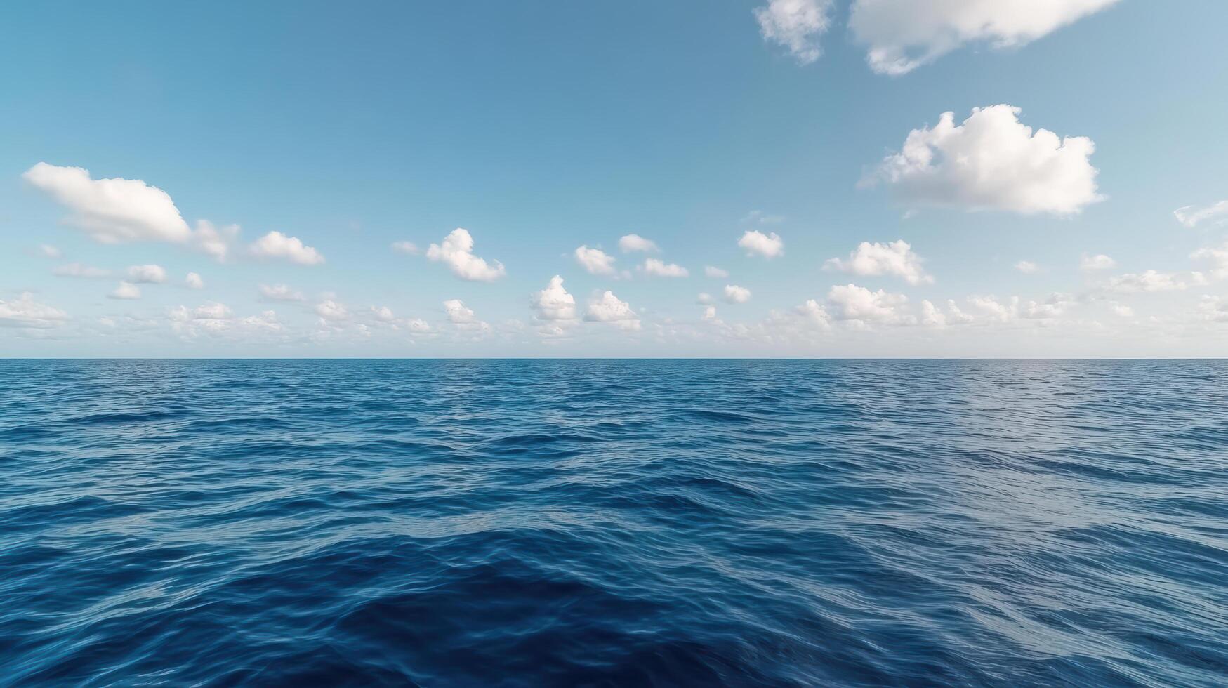 Calm ocean waves reflect serene sky with fluffy clouds, creating tranquil atmosphere photo