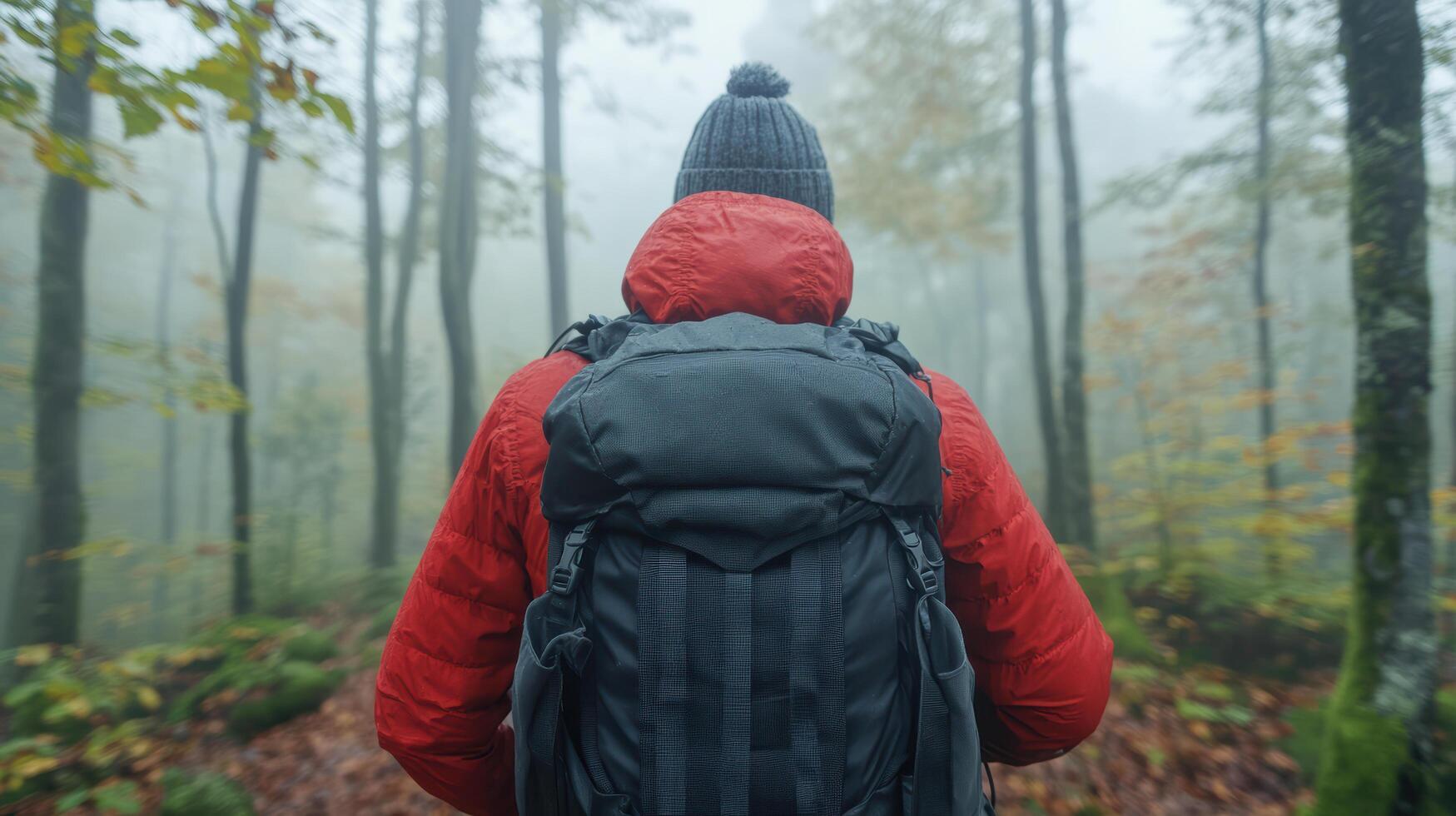 hiker in red jacket and gray backpack walks through misty forest, surrounded by trees photo