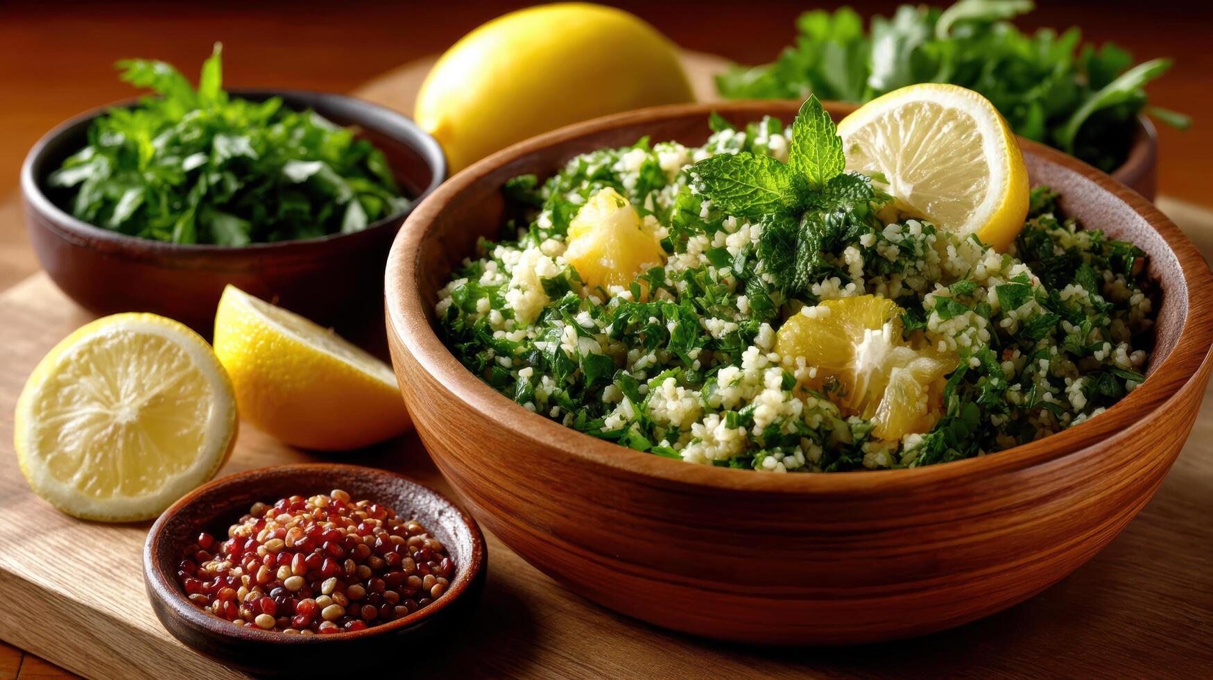 Fresh tabbouleh salad with parsley, mint, and lemon, garnished with spices and herbs photo