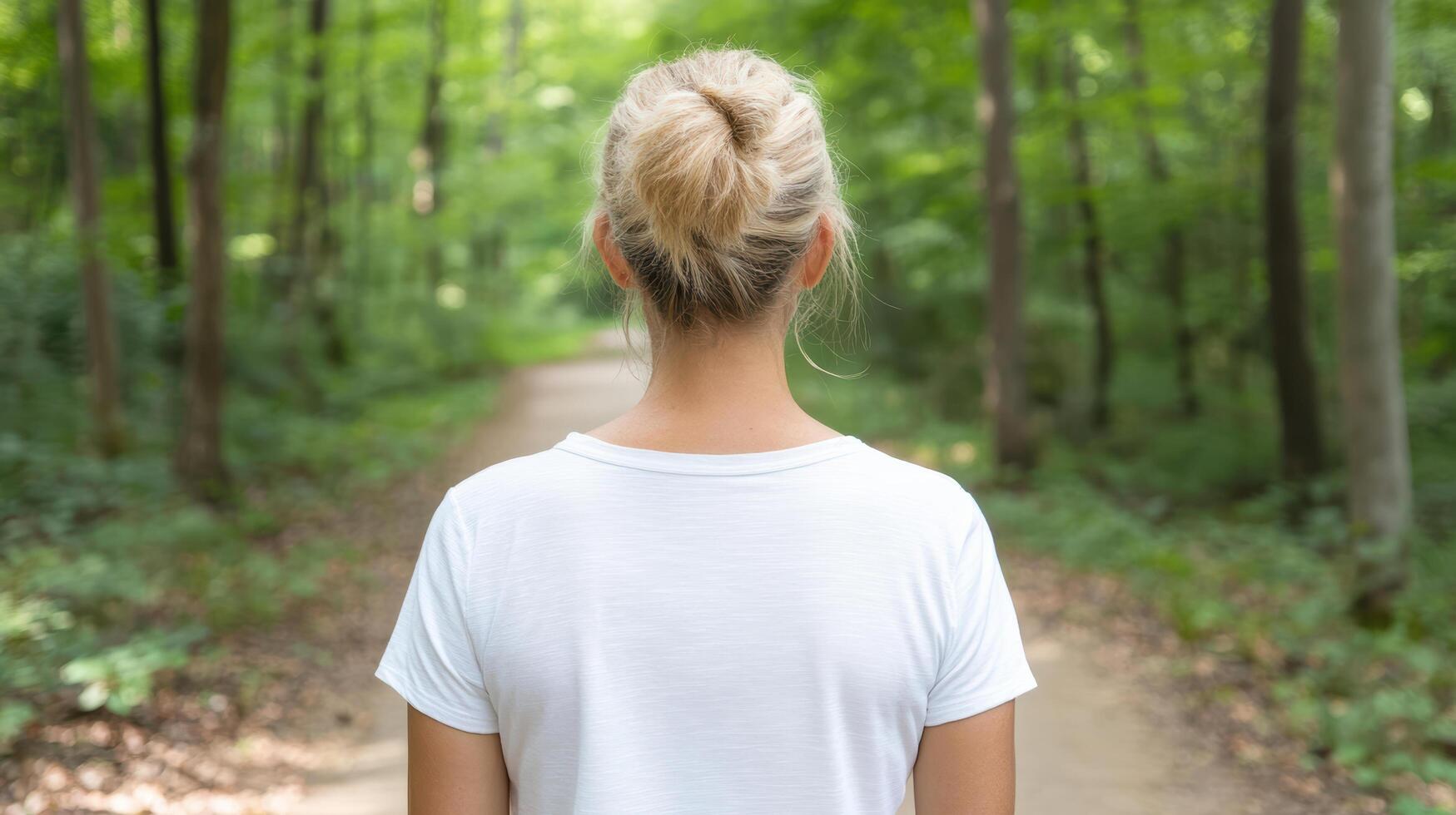 person stands in serene forest, surrounded by lush greenery, contemplating path ahead photo
