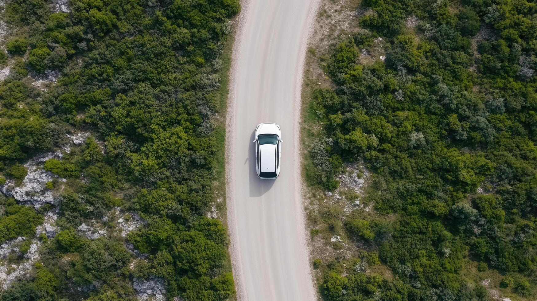 Aerial view of winding road surrounded by lush greenery, showcasing car driving along path photo